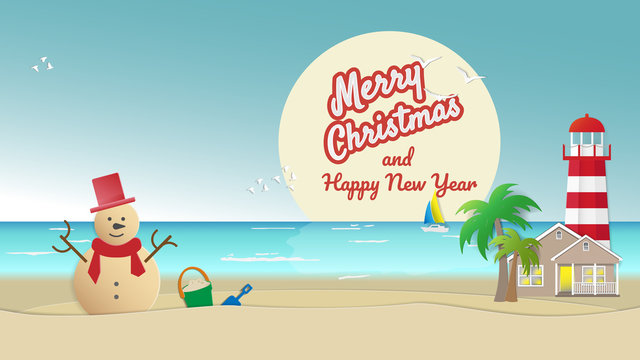 Sandy snowman on sea beach with house lighthouse palm trees and full moon backgrounds. Holiday travel concepts can be used for New Year's and Christmas Cards in tropical countries Vector illustration.