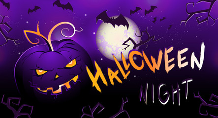 Vector  Halloween illustration withpumpkin head, bats and text.