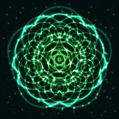 Bright, shining and glaring abstract mandala. Beautiful decorative cosmic background. Abstract glowing green flower. Vector EPS10 file.