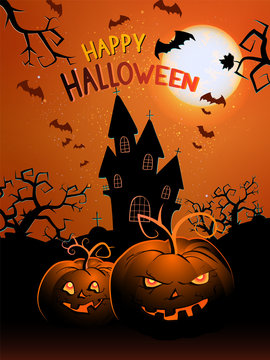 Vector Halloween illustration with pumpkins head, castle and text.