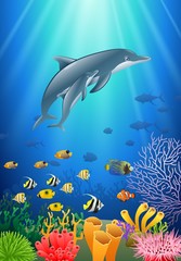 Dolphin cartoon with underwater view and coral background. Vector Illustration.