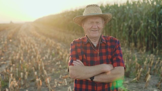 Portrait of the successful senior farmer smiling at camera with crossed hands 4K