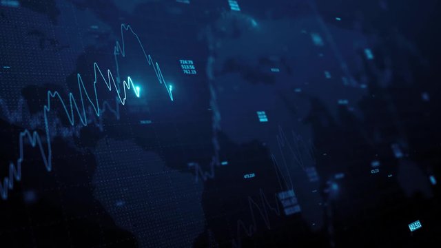 3d render. Statistic graph of stock market data and financial analysis. Stock market graph. Financial statistical analysis on blue background with growing charts. Big data on LED panel.