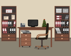 Workplace of office worker. There is a table, a chair, two cabinets with folders and other objects in the picture. On the table is a small Christmas tree. Vector flat illustration