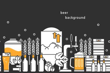 Beer. Vector background. Bottles, keg, glass, mug, equipment for brewery, hops, wheat. Line icons on a dark background. - 176506788