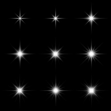 Set of glare lighting, twinkle lens flares and stars burst with sparkles on black background vector illustration