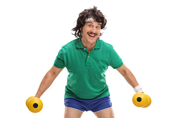 Retro sportsman exercising with dumbbells