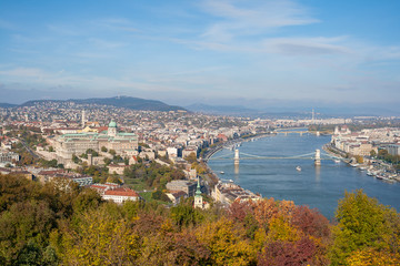 Fototapeta na wymiar View of Budapest from Gellert Hill. Danube River which separates Buda and Pest, Budapest, Hungary