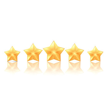 Five golden stars with reflection on white background
