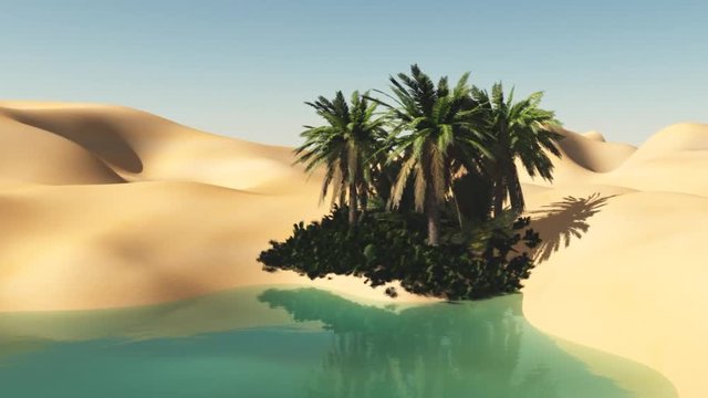 oasis, lake with palm trees on the beach in the sandy desert, 3d rendering
