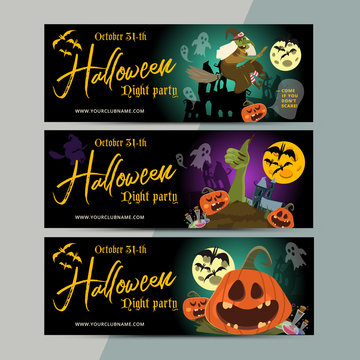 Happy Halloween party ticket template design. All hallow eve invitation flyer or poster in scary cartoon style. All saint holiday club event admission layout. Vector illustration.