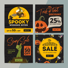Set of creative social media sale web banners design for online shop or store. Trendy vector ad offer or clearance on Happy Halloween holiday.