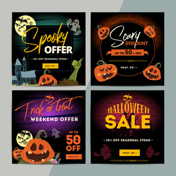 Set of creative social media sale web banners design for online shop or store. Trendy vector ad offer or clearance on Happy Halloween holiday.