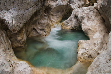 Gorges of mountain river Loska Koritnica in rocky gorges, Log pod Mangrtom, Soca Valley, Bovec, Slovenia