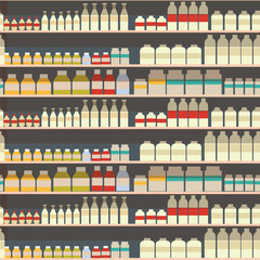 seamless pattern of dairy department, milk shelf with fresh healthy food in supermarket, big choice of organic farm products sale in food shop, yogurt background vector illustration.