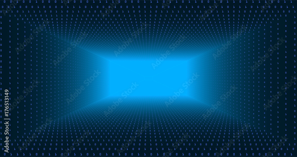 Poster vector data flow visualization. triangle tunnel of blue big data flow as binary numbers strings. inf