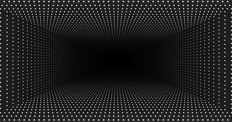 Vector infinite rectangular tunnel of shining flares on monochrome background. Glowing points form tunnel. Abstract cyber colorful background. Elegant modern geometric wallpaper. Shining points