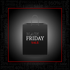 Black Friday Advertising Poster with shopping bag on black Background with text . Vector illustration.