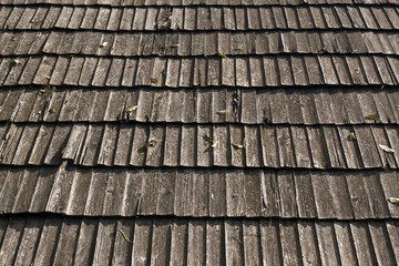 Old wooden roof with dry leaves on it.