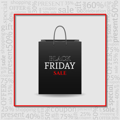 Black Friday Advertising Poster with shopping bag on white Background with text . Vector illustration.