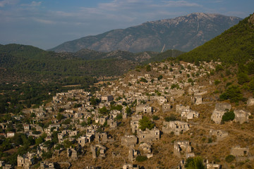 Fototapeta na wymiar View of abandoned houses at village Kayakoy near Fethiye,Turkey, selective focus