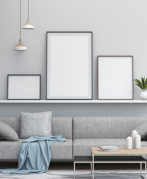 Interior design simple scene with frames. Modern scandinavian interior. 3d render studio.