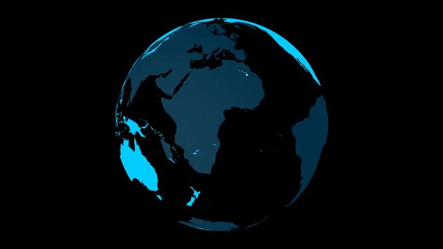 Spinning Planet Earth Globe in blue with transparent glass effect. Rotating 3D object. Footage with alpha channel background.