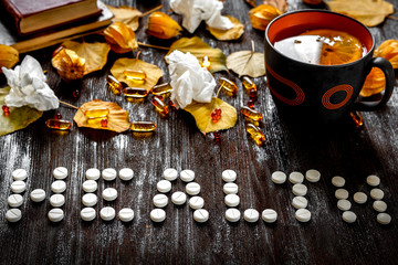 concept health - treatment with hot tea and medecine