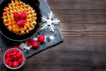 Christmas breakfast with waffles top view