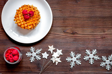 Christmas breakfast with waffles top view