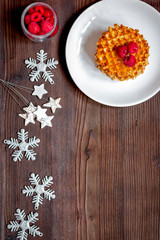 Christmas breakfast with waffles top view