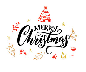 Elegant Merry Christmas text with calligraphy swashes. Cute hand drawn illustrations of winter hat and decorations. White background with red elements and black caption.