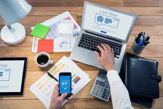 Composite image of icons and live chat text