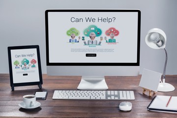 Fototapeta premium Composite image of human representations with can we help text