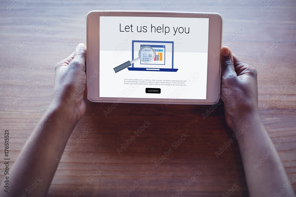 Poster composite image of let us help you text with computer icon