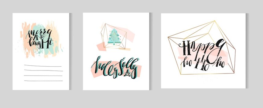 Hand drawn vector abstract artistic Christmas and New Year greeting template collection card set with modern ink calligraphy phases,christmas tree in gold terrarium in pastel colors.