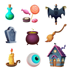 Halloween symbos collection. Design of vector icons. Cartoon style.