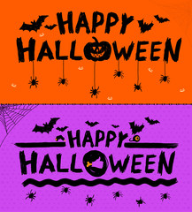 Set of Happy halloween text banner. Template for your graphic design. Freehand drawing. Vector illustration. Isolated on orange and purple background