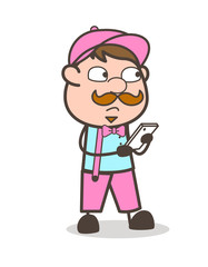 Cartoon Sales-boy Checking Features of Mobile Vector Concept