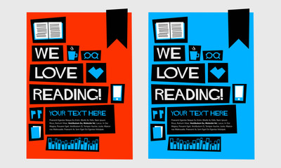We Love Books! (Flat Style Vector Illustration Reading Quote Poster Design) With Text Box
