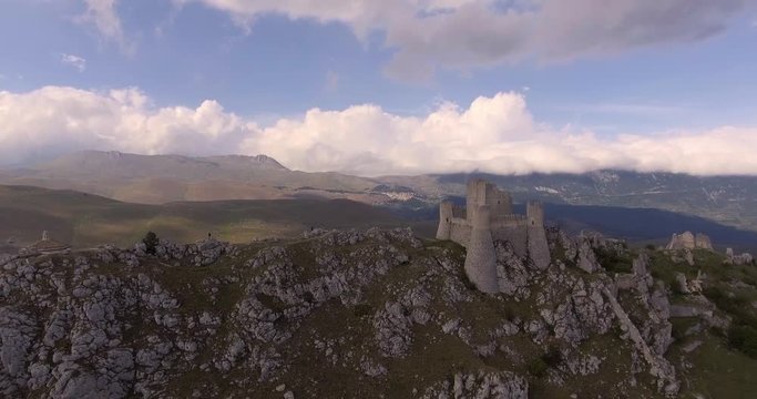 Aerial, Rocca Calascio, an ancient mountaintop fortress in Abruzzo, Italy, 4K