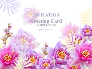 Invitation or Greeting card with water lily flowers Vector background illustrations