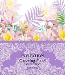 Invitation or Greeting card with water lily flowers and lace Vector background illustrations