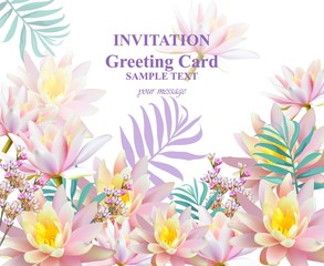 Invitation or Greeting card with water lily flowers Vector background illustrations