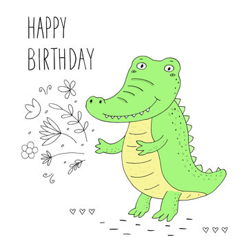 happy birthday card with funny cute crocodile cartoon style. vector print