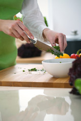 Closeup of human hands cooking vegetables salad in kitchen on the glass  table with reflection