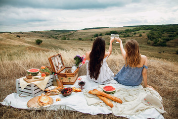 Beautiful young girls girlfriends on a picnic on a summer day. The concept of leisure, privacy, communication, vacation, tourism - obrazy, fototapety, plakaty