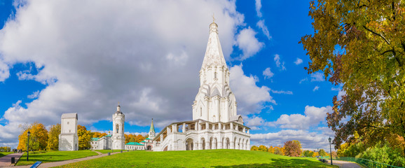 A panoramic autumn view of The Church of the Ascension and the architectural complex in Kolomenskoye, Moscow. © AlexBr