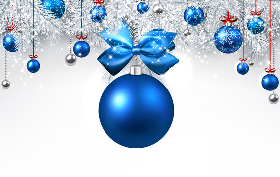 White background with blue Christmas ball.
