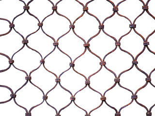 Ancient wrought iron grating, fence for monastery windows, isolated on white background. Classical...